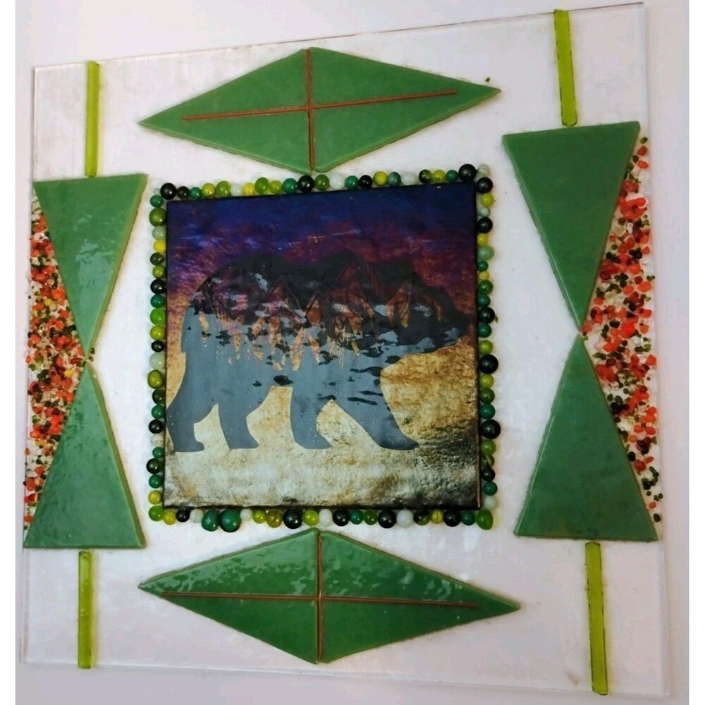 OOAK Fused Glass Grizzly Bear Platter 10" Square Native Wildlife Art Riddle OR